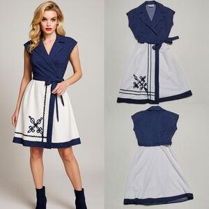 Herman Marcus 60s Vintage Blue White Polka-dot Dagger Collar Midi Wrap Dress 8